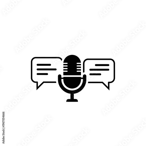 Microphone with chat bubbles illustrates a conversation or discussion taking place.