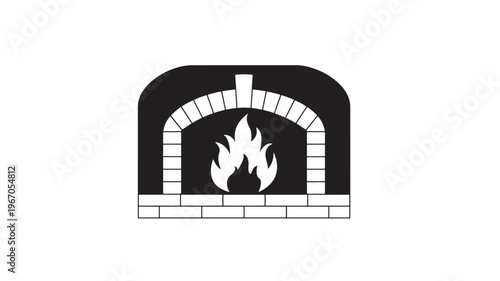 Oven fireplace with brick arch and flames for cooking or heating, represented in a simple black and white graphic icon for design.