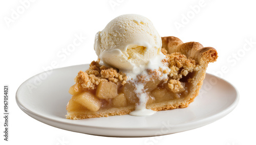 Foto Golden brown apple crumble pie slice with vanilla ice cream, isolated on transpa