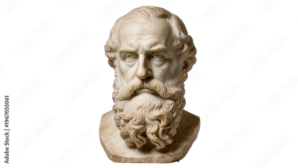 Fototapeta premium Marble bust of Socrates with detailed beard, isolated on transparent background