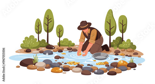A male gold prospector in a hat kneels in a shallow river, panning for shiny gold nuggets amidst numerous rocks, green bushes, and trees.