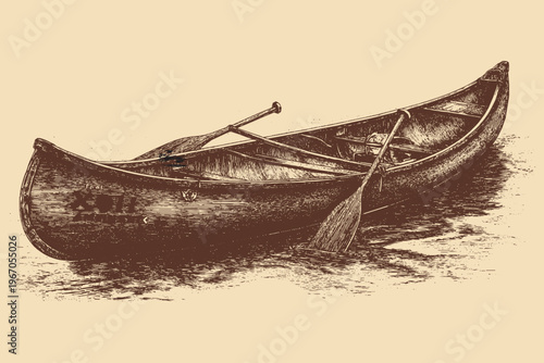 A vintage-style wooden canoe vector illustration. A vector illustration of an outdoor river adventure.