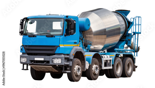 Photos Blue concrete mixer truck with shiny metal drum, isolated on transparent backgro