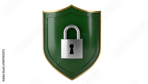 Green shield with gold trim and silver padlock, isolated on transparent background