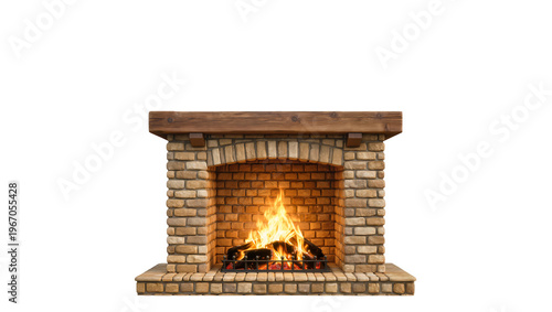 Rustic brick fireplace with burning logs and wooden mantelpiece, isolated on transparent background