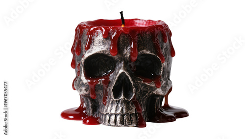 Fotografía Grisly skull shaped candle with dripping red wax, isolated on transparent backgr