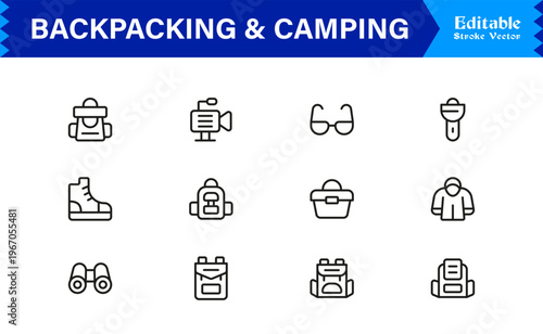 Essential Backpacking And Camping Line Icon Set Featuring Modern, Minimal, And Professional Designs For Outdoor Adventure And Travel Enthusiasts