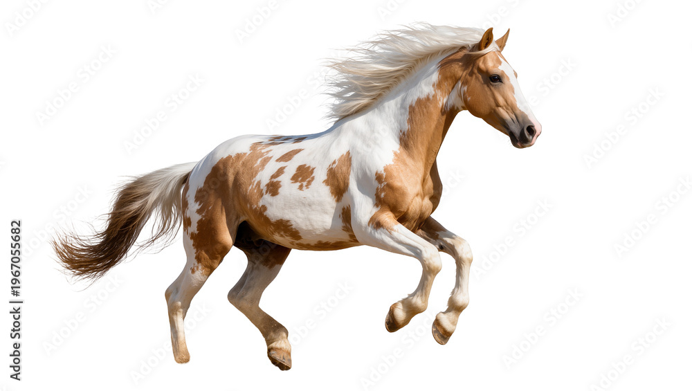 Fototapeta premium Brown and white paint horse galloping with flowing mane, isolated on transparent background
