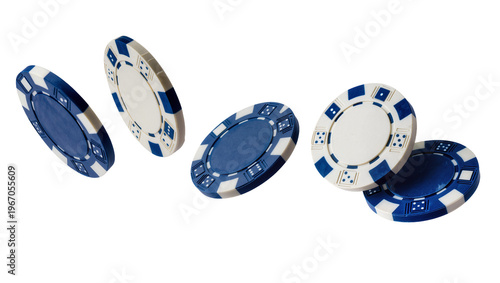 Blue and white casino poker chips scattered, isolated on transparent background