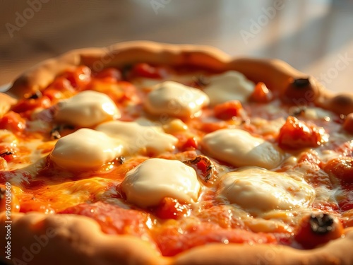 Melted mozzarella clouds drift over a vibrant, artisanal crust, bathed in a soft, ethereal glow, captured from a whimsical, low viewpoint,  whimsical,  indulgence