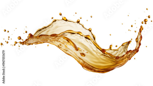 Amber liquid splash with droplets, isolated on transparent background