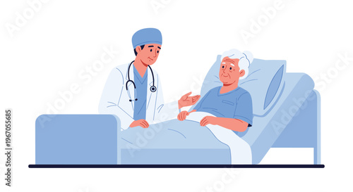 A male doctor with a stethoscope sits beside an elderly female patient reclining in a blue hospital bed, offering reassurance.