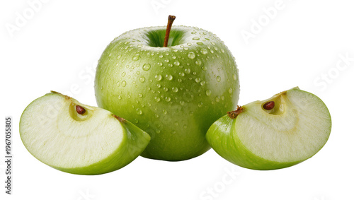 Fresh green apple with water droplets and two slices, isolated on transparent background