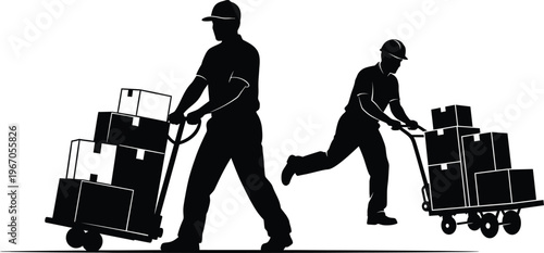 Factory worker team moving boxes and materials in industrial setting