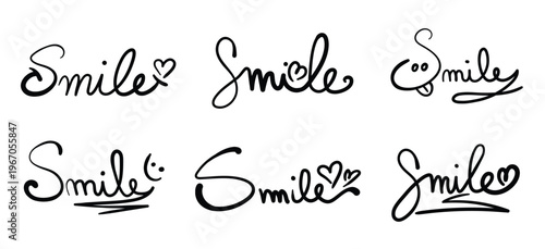 Smile Text Calligraphy Vector Set. Smile Word hand written script lettering icon. Hand draw happy smile icons set with heart and happy face for tshirt, packaging, modern merchandise