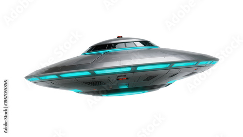 Obraz na plátně Futuristic metallic flying saucer with glowing blue lights, isolated on transpar