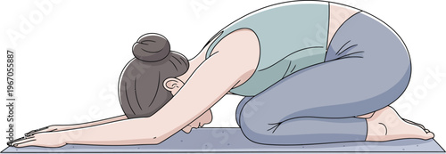 Woman practicing yoga in childs pose on a mat.