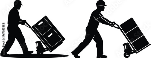 Factory worker silhouette industrial laborers transporting goods in a warehouse setting