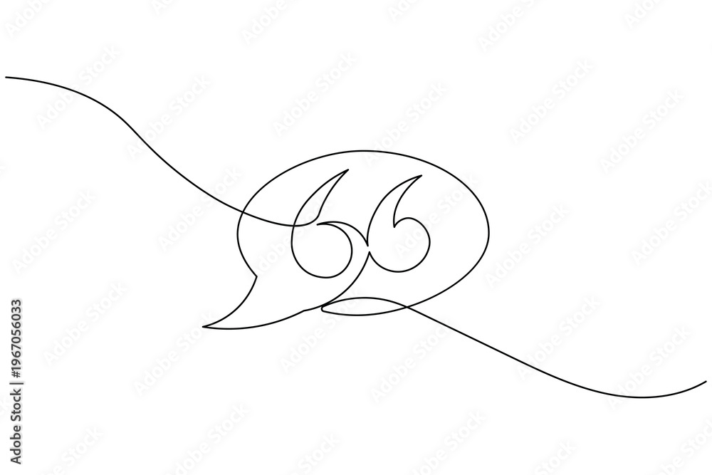 Obraz premium Minimalist continuous one line drawing of a speech bubble with quotation marks. Clean vector art isolated on white background for modern design concepts.