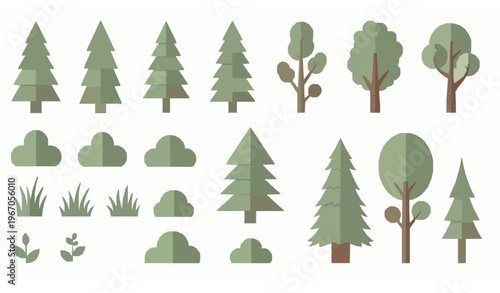Minimal flat tree and bush vector clip art set for game design with forest plants isolated on white background