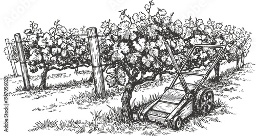 Vintage lawn mower standing near mature grapevine rows in vineyard garden sketch