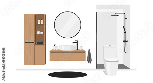 Modern Bathroom Interior Design with Wooden Vanity, Shower, Toilet, and Round Mirror