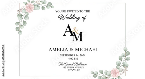 Elegant Wedding Invitation with Floral Accents and Monogram