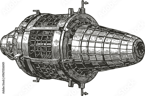 Detailed vintage illustration of a rocket engine with turbine and nozzle components