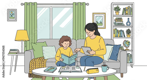 Mother and child reading book together on sofa in living room, family learning and education concept