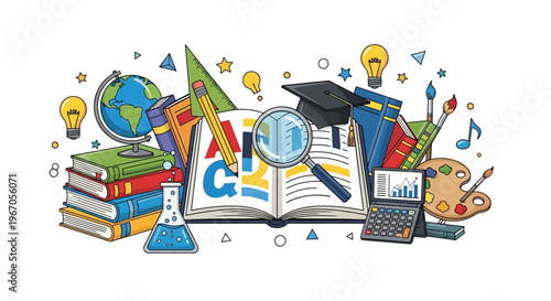 Education and Learning Concept - Books, Globe, Lightbulbs, Art Supplies, Science Flask, Magnifying Glass