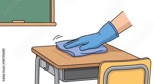 A gloved hand cleans a light brown wooden school desk with a blue cloth in a classroom setting.