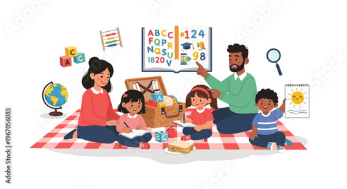 Diverse Family Learning Outdoors: Picnic, Alphabet, Numbers, and Fun Activities