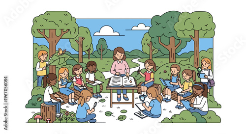 Children Learning Nature Outdoors With Teacher In Forest Setting