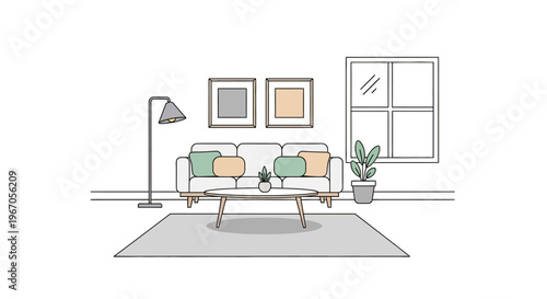 Cozy Minimalist Living Room Sketch with Sofa, Coffee Table, and Window