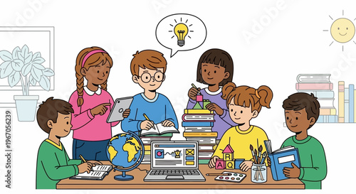 Diverse kids collaborating on learning project with laptop, globe and books