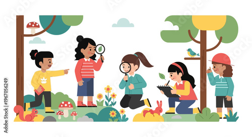 Diverse kids exploring nature with magnifying glasses, drawing, and observing wildlife.