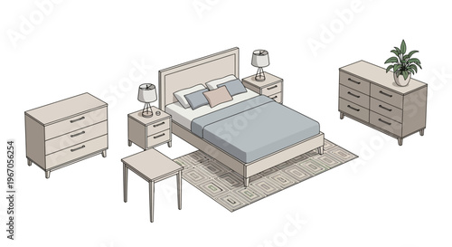 Modern Bedroom Furniture Set: Bed, Nightstands, Dressers, Table, Lamp, Plant