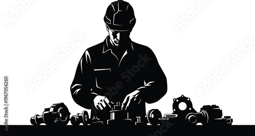 Dedicated factory worker industrial labor and manufacturing process in black and white