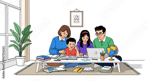 Family learning together online, parents helping kids with homework at home, modern education concept