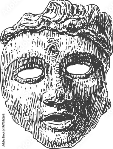 Ancient tribal face mask with detailed carved texture and decorative headpiece