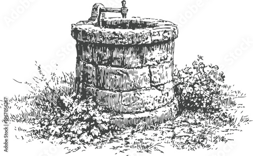 rustic stone water well surrounded by grass and plants in vintage sketch