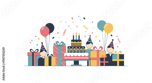Happy Birthday Celebration with Gifts, Cake, Balloons, and Confetti