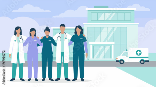 Diverse healthcare team illustration in front of modern hospital building