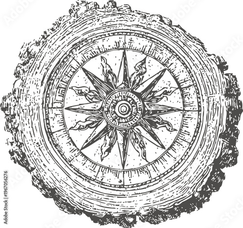 vintage compass rose engraved on timber wood slice with detailed texture and radial design