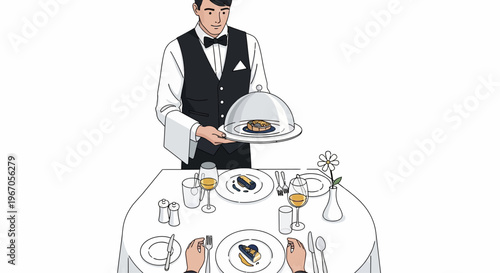 Waiter serving gourmet food under cloche at fine dining table with place settings