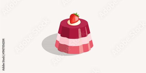 Delicious layered strawberry pudding dessert with fresh strawberry topping, flat vector illustration isolated on white.