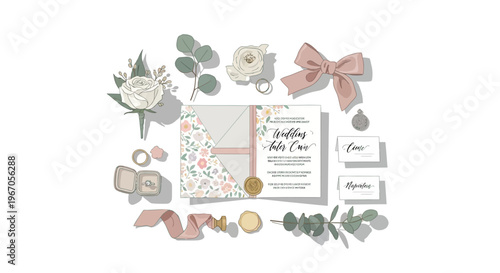 Elegant Wedding Invitation Suite Flat Lay with Floral Envelope, Ribbons, and Rings