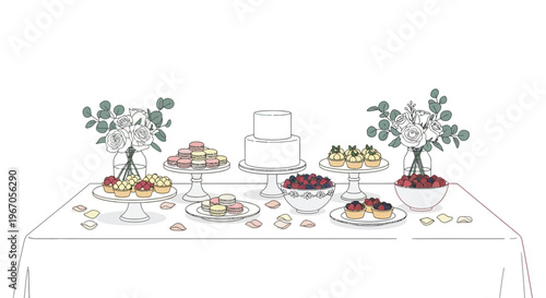 Elegant Dessert Table Display with Cake, Pastries, and Flowers - Celebration Setup