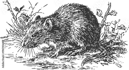 Black and white vintage illustration of a wild rat foraging in natural grass environment