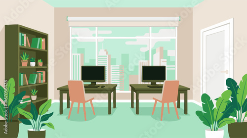 Flat Design Office Interior with Desks, Computers, Plants, and City View